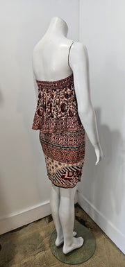 Upcycled Vintage 80's Boho Hippy Elephant Paisley Strapless Crop Top Wrap Skirt Crinkled Gauze Set