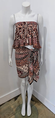 Upcycled Vintage 80's Boho Hippy Elephant Paisley Strapless Crop Top Wrap Skirt Crinkled Gauze Set