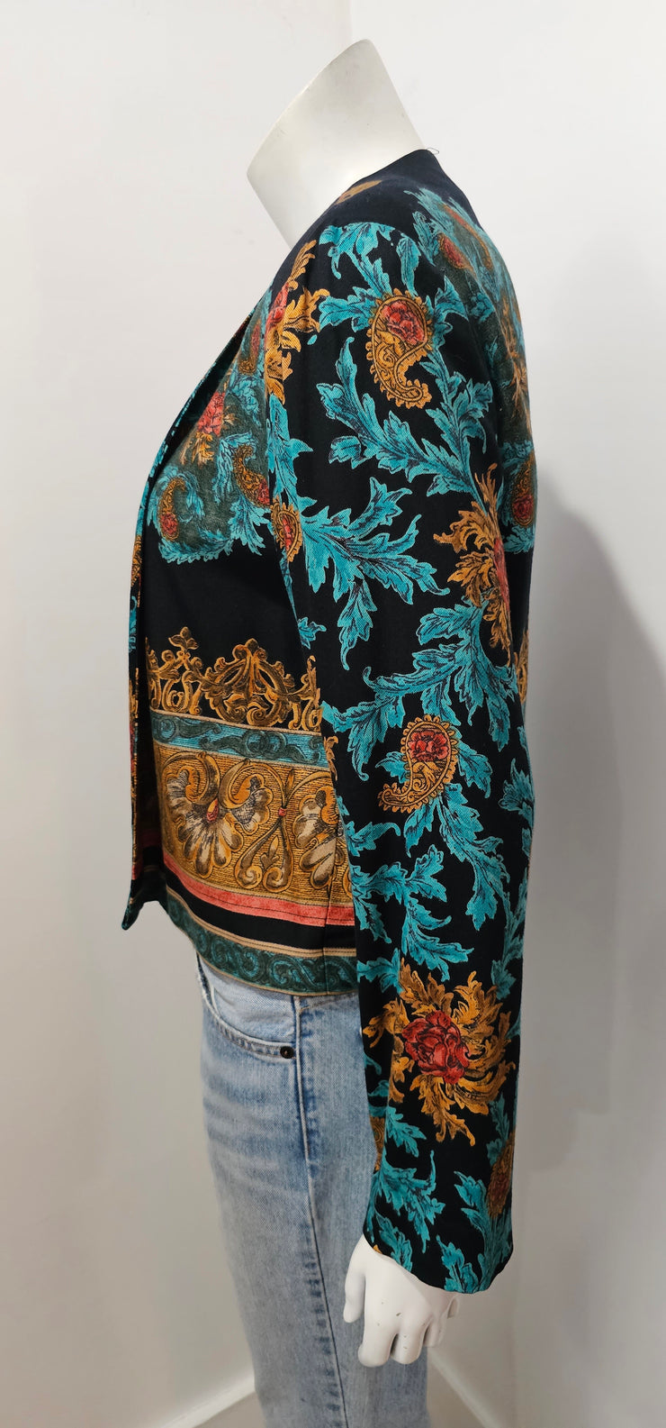Vintage 80’s Teal Multi Paisley Baroque Border Print Cardigan Jacket