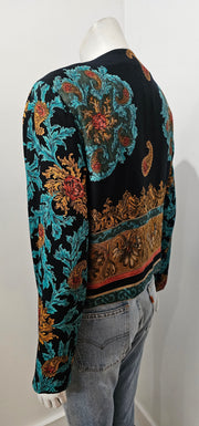 Vintage 80’s Teal Multi Paisley Baroque Border Print Cardigan Jacket