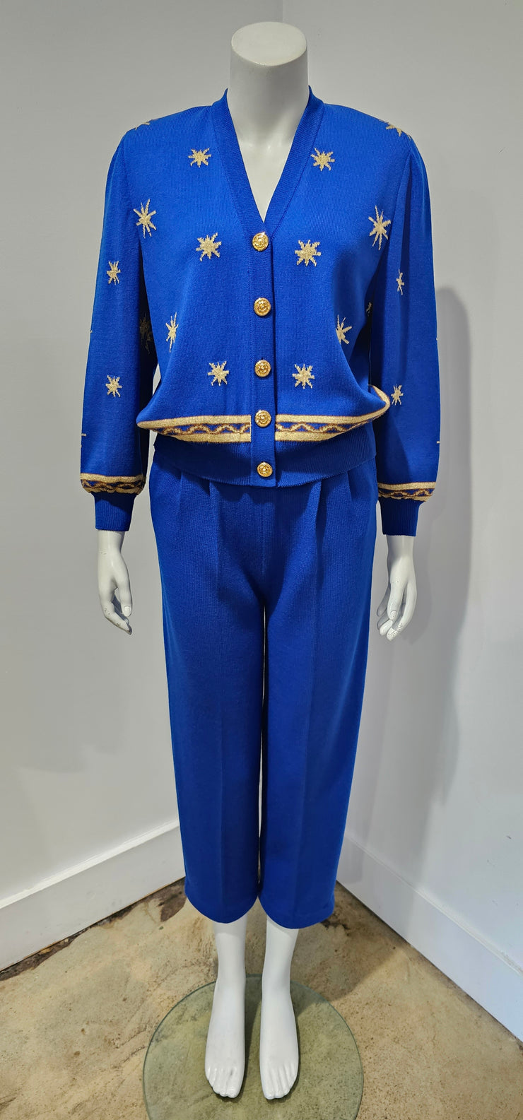 Vintage 00s Electric Blue Sun Star Gold Lurex 3 Piece Pant Set by St. John Sportswear Marie Gray