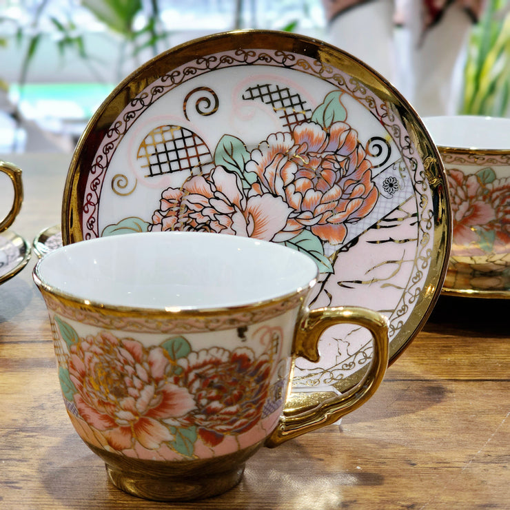 Vintage Mid Century Chrysanthemum 24K Gold Porcelain Teacup Saucer Set of 6