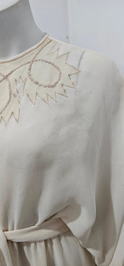 Vintage 80s Cream Embroidered Dolman Blouson Sleeve Georgette Midi Dress