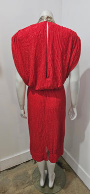 Vintage 80s Avant Garde Crinkled Red Gold Dot Crossfront Midi Dress