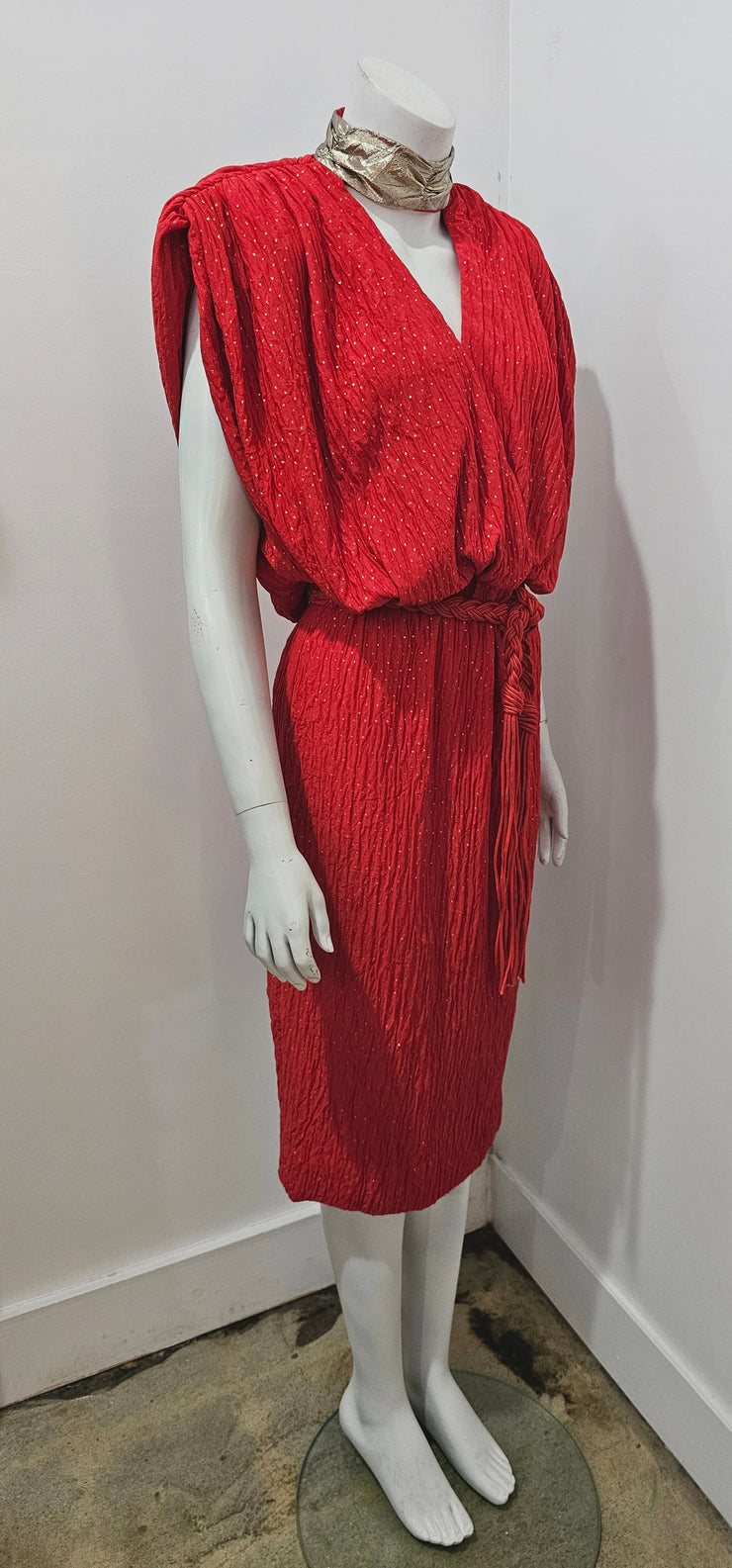 Vintage 80s Avant Garde Crinkled Red Gold Dot Crossfront Midi Dress