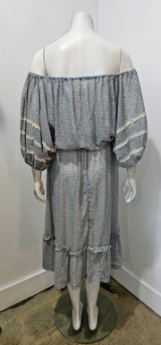 Vintage 70s Ditsy Floral Boho Lace Dolman Off the Shoulder Cotton Voile Gypsy Midi Dress