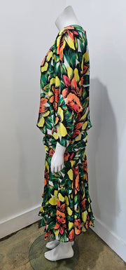 Vintage 80s Tropical Floral Dolman Drop Waist Flowy Midi Dress