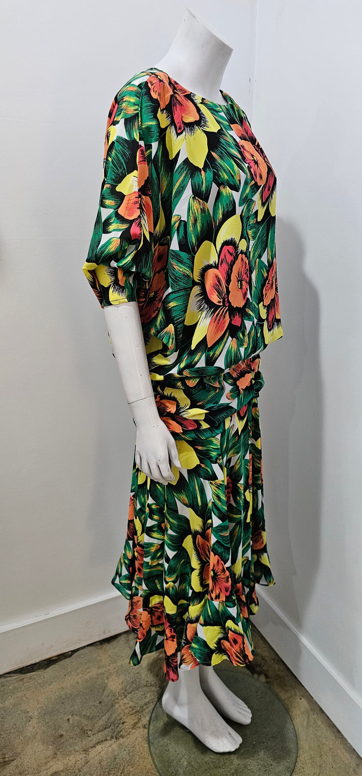 Vintage 80s Tropical Floral Dolman Drop Waist Flowy Midi Dress