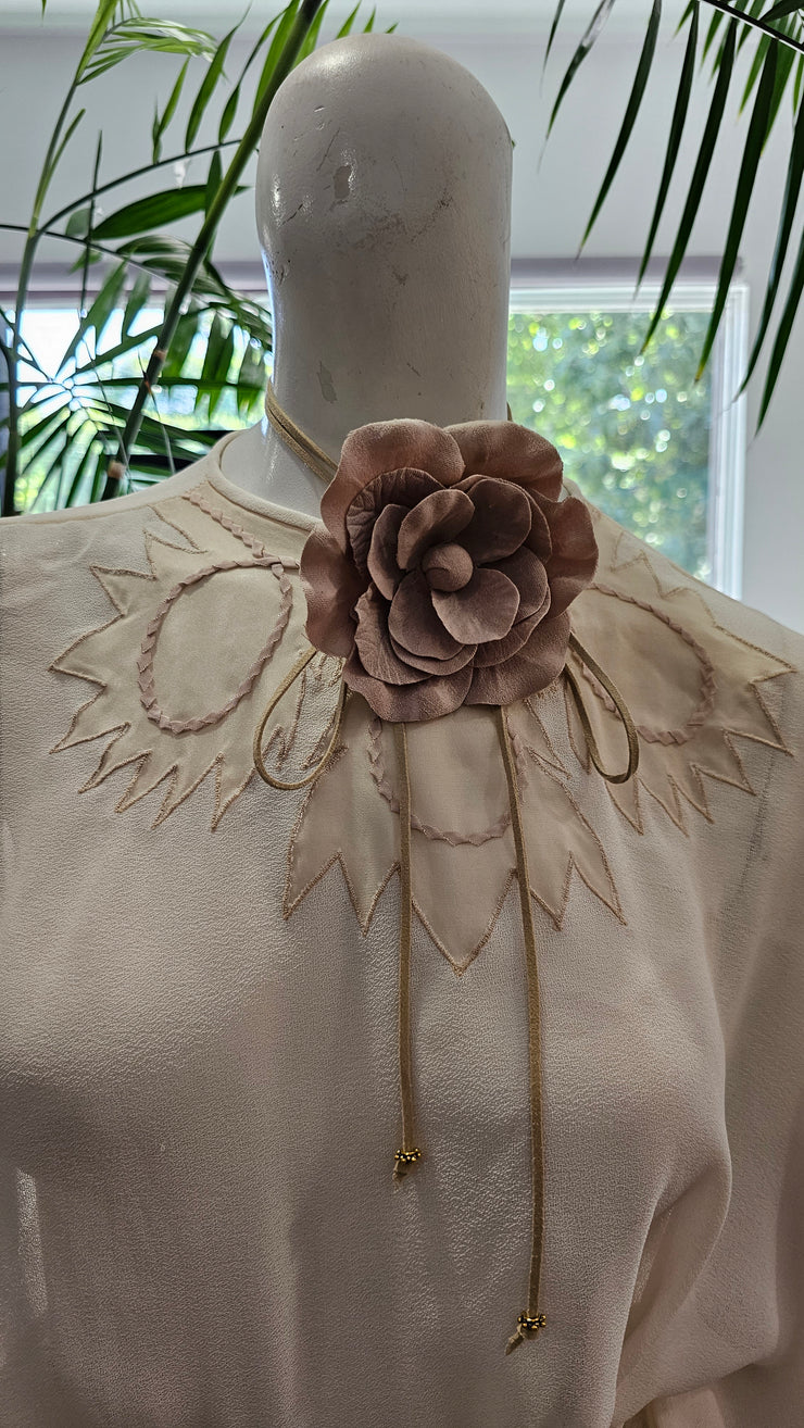 Vintage 80s Taupe Suede Like Flower Hair Neck Tie