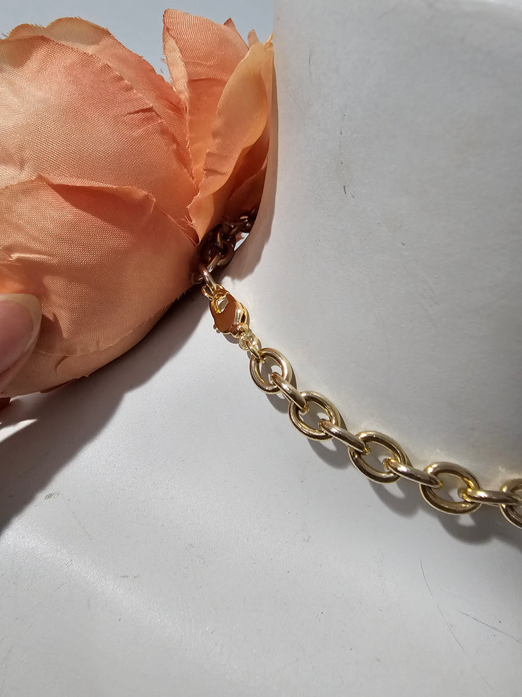 Upcycled Vintage 70s Goldtone Oval Link Peach Peony Flower Choker Necklace