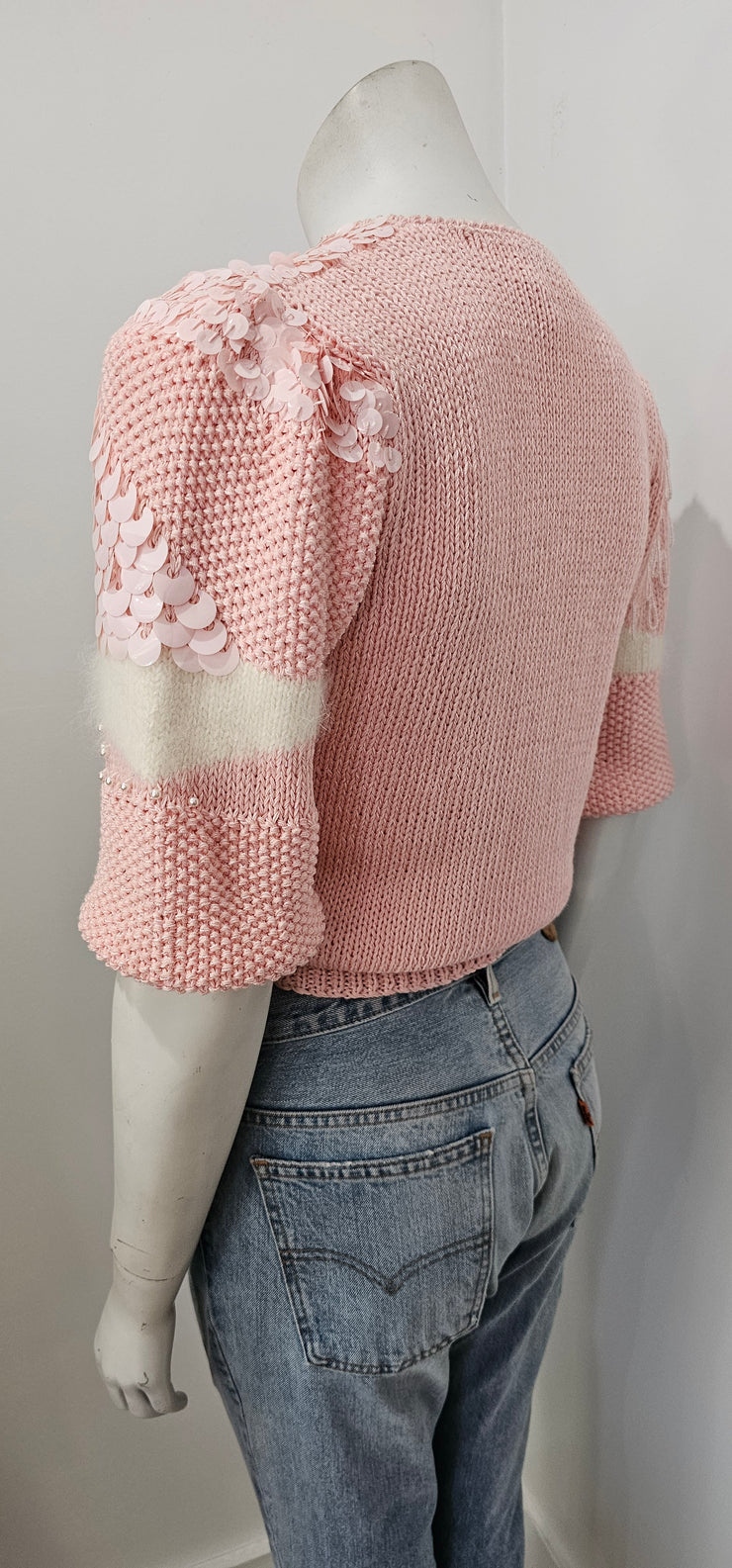 Vintage Pink Beaded Sequin Pearl Angora V Neck Sweater by Nannell