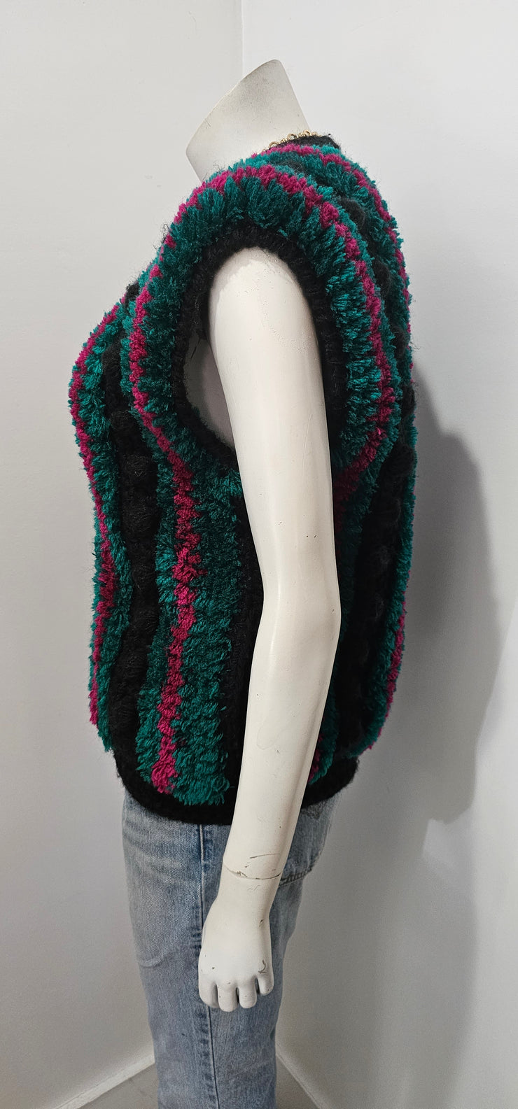 Vintage 80s Shag Burgundy Green Black Stripe Ball Yarn Knit Vest by Jocye
