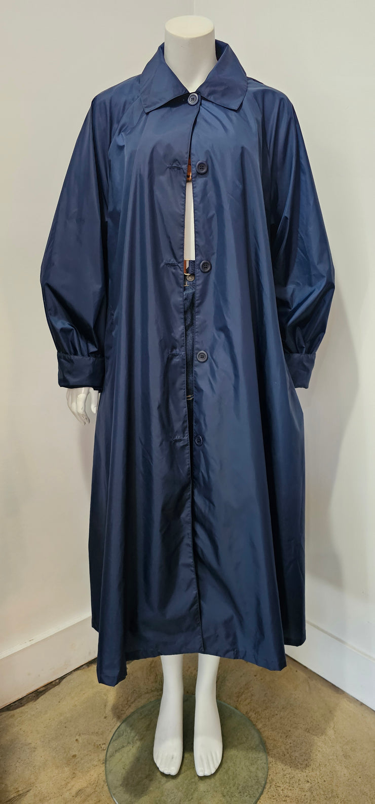 Vintage 70s Navy Puff Sleeve Nylon Windbreaker Duster Trench Swing Raincoat by Aqua Sheen