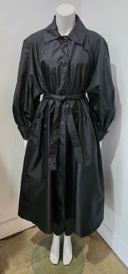 Vintage 70s Black Puff Sleeve Nylon Windbreaker Duster Trench Swing Raincoat by Aqua Sheen