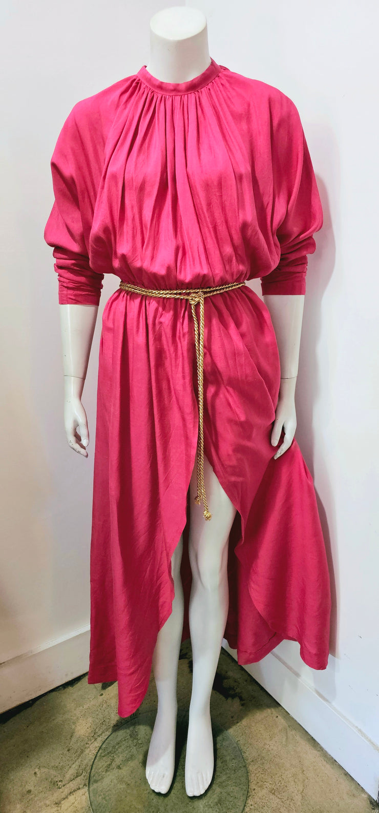 Vintage 90s Raspberry Pink High Neck Tulip Slit Dolman Maxi Dress
