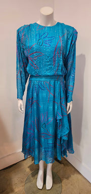 Vintage 70's Glam Abstract Floral Lurex Stripe Silk Georgette Midi Dress by The Silk Farm