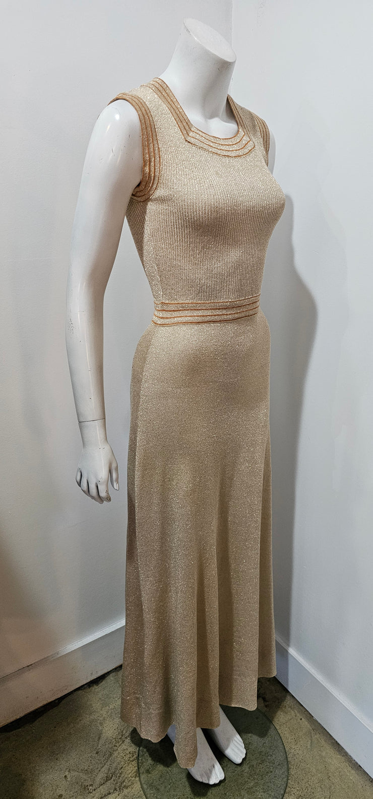 Vintage 70s Hollywood Glam Lurex Metallic Shimmery Gold Wiggle Bodycon Maxi Dress