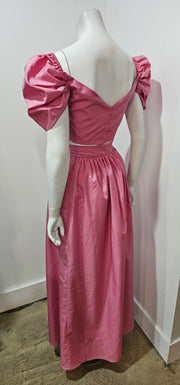 Vintage Upcycled 80s Pink Pouf Shoulder Crop Top Slit Maxi Skirt Set