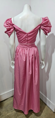 Vintage Upcycled 80s Pink Pouf Shoulder Crop Top Slit Maxi Skirt Set