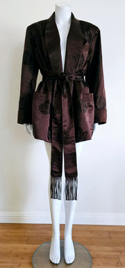 Vintage 60s Rich Chocolate Brown Chinese Asian Medallion Motif Embroidery Fringe Smokers Robe