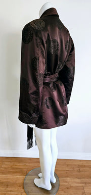 Vintage 60s Rich Chocolate Brown Chinese Asian Medallion Motif Embroidery Fringe Smokers Robe