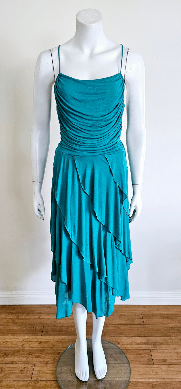 Vintage 80s Aqua Blue Draped Asymmetric Ruffle Midi Dress STORE242 Vintage 80s Aqua Blue Draped Asymmetric Ruffle Midi Dress STORE242