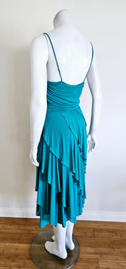 Vintage 80s Aqua Blue Draped Asymmetric Ruffle Midi Dress