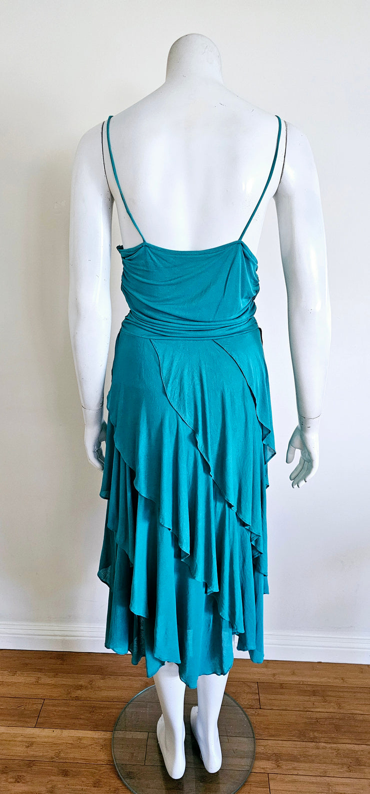 Vintage 80s Aqua Blue Draped Asymmetric Ruffle Midi Dress Vintage 80s Aqua Blue Draped Asymmetric Ruffle Midi Dress