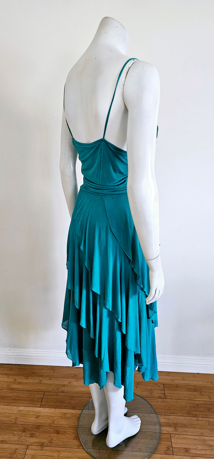 Vintage 80s Aqua Blue Draped Asymmetric Ruffle Midi Dress