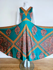 Vintage 60's Teal Scarf Print Boho Hippy Psychedelic Full Sweep Maxi