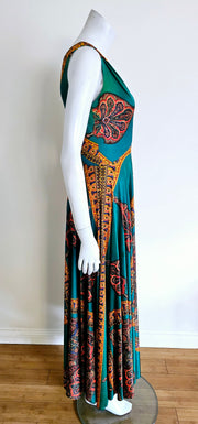 Vintage 60's Teal Scarf Print Boho Hippy Psychedelic Full Sweep Maxi