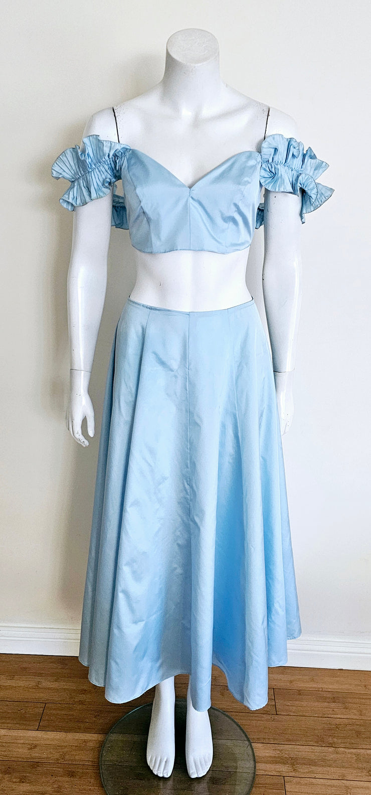 Vintage Upcycled 80s Sky Blue Avant Garde Pleated Shoulder Crop Top Maxi Skirt Set