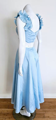 Vintage Upcycled 80s Sky Blue Avant Garde Pleated Shoulder Crop Top Maxi Skirt Set