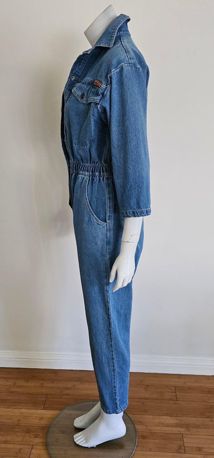 Vintage 80s Medium Denim Blue Full Length Jean Romper Jumpsuit