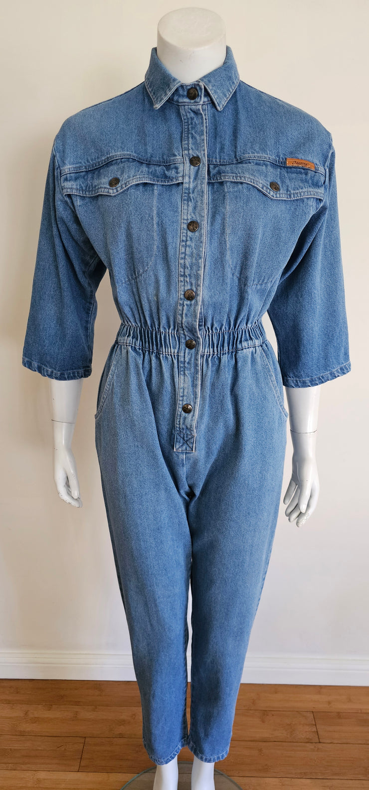 Vintage 80s Medium Denim Blue Full Length Jean Romper Jumpsuit