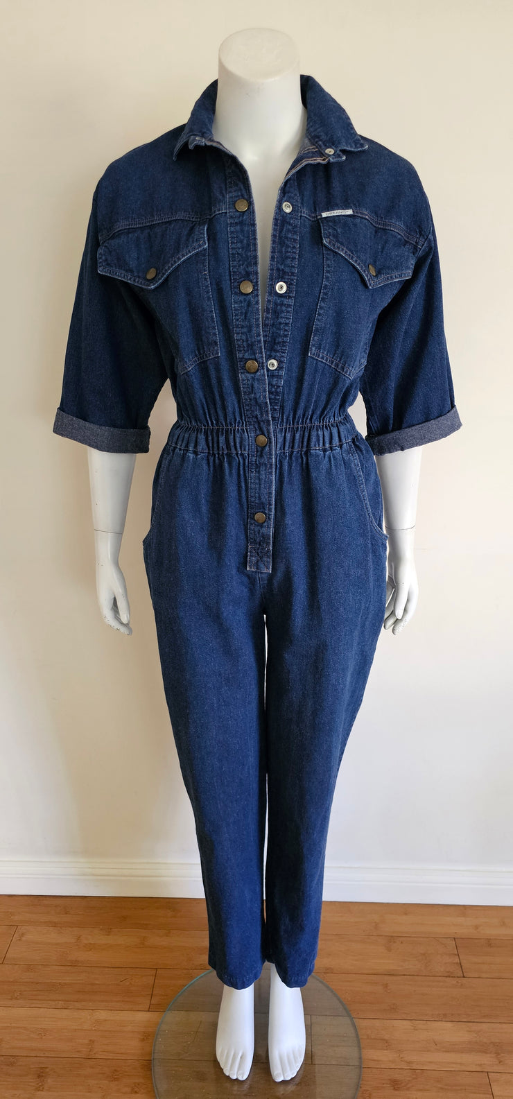 Vintage 80s Dark Denim Blue Full Length Jean Romper Jumpsuit