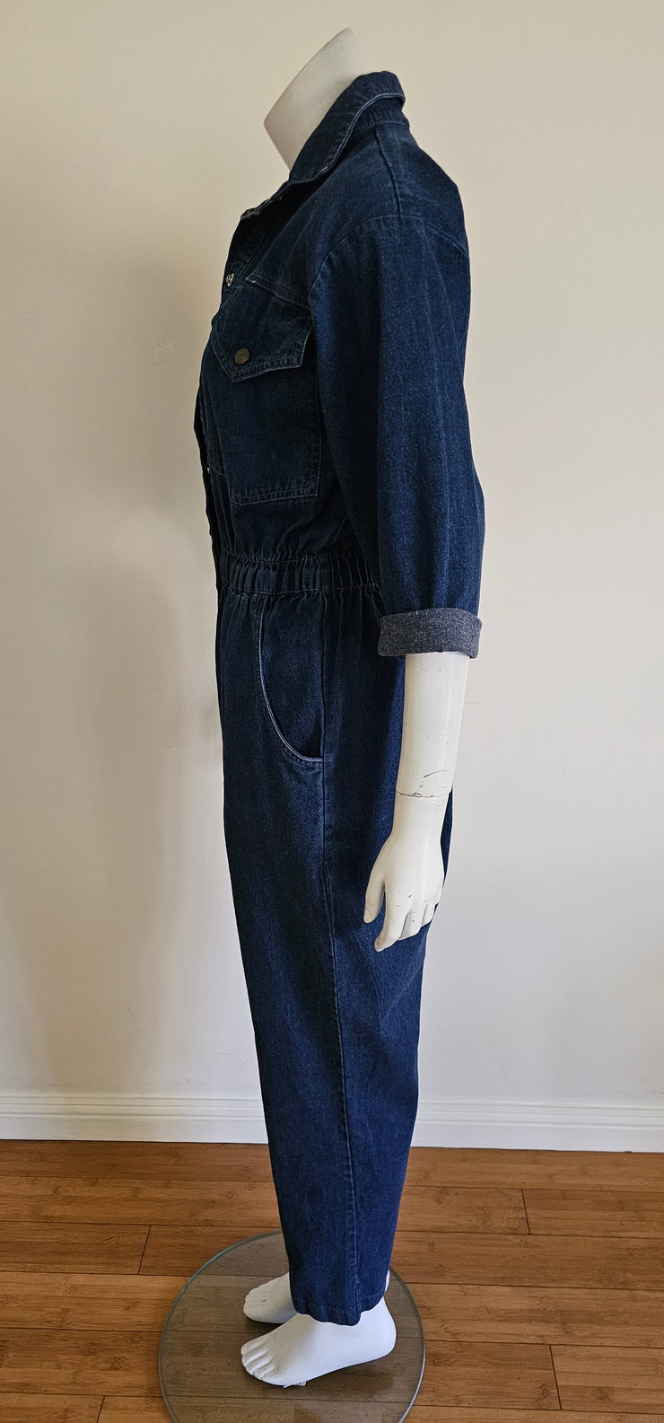 Vintage 80s Dark Denim Blue Full Length Jean Romper Jumpsuit