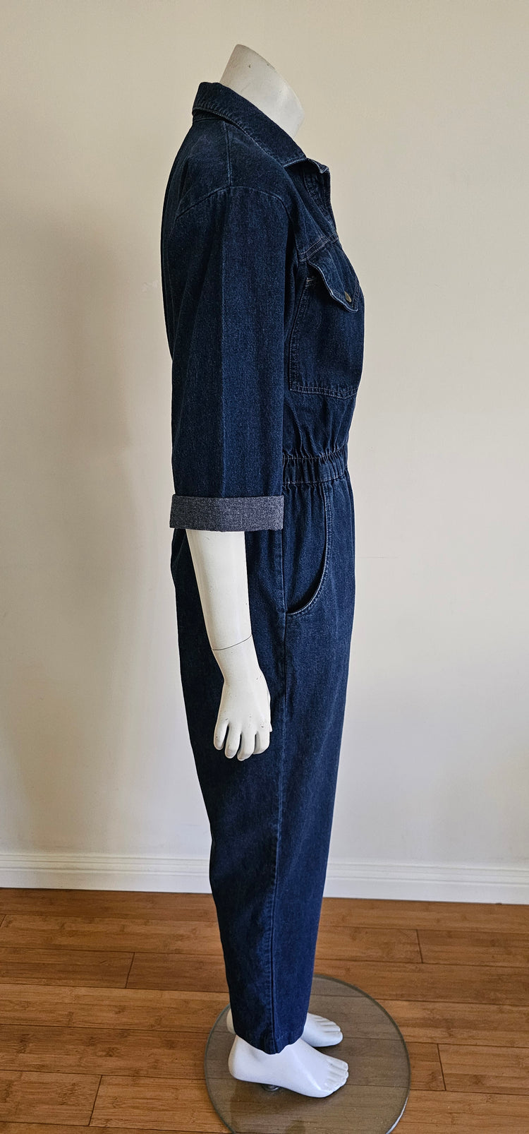 Vintage 80s Dark Denim Blue Full Length Jean Romper Jumpsuit