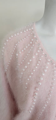 Vintage 80's Pink Angora Pearl Rhinestone Dolman Sweater by Christine Phillipe