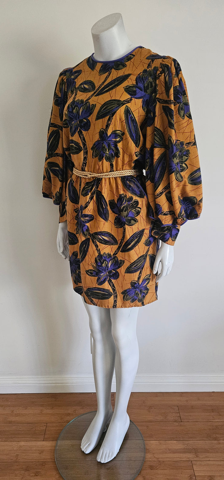 Vintage 80s Avant Garde Puff Sleeve Floral Purple Piped Mini Dress