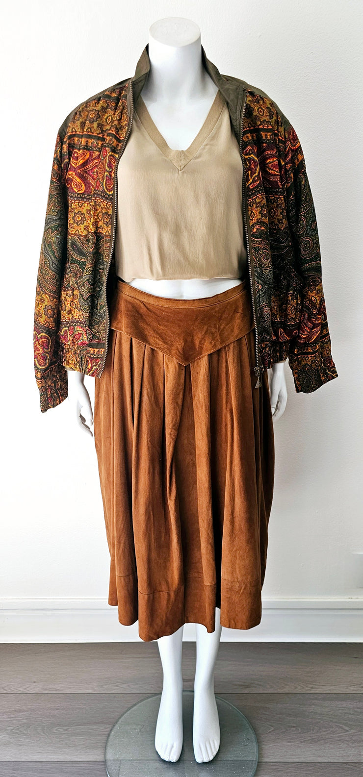 Vintage 80s Cognac Butter Soft Suede Pleat Peplum Skirt