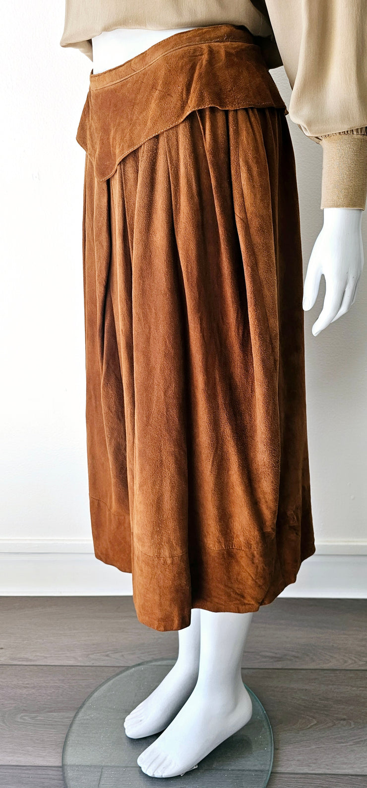 Vintage 80s Cognac Butter Soft Suede Pleat Peplum Skirt