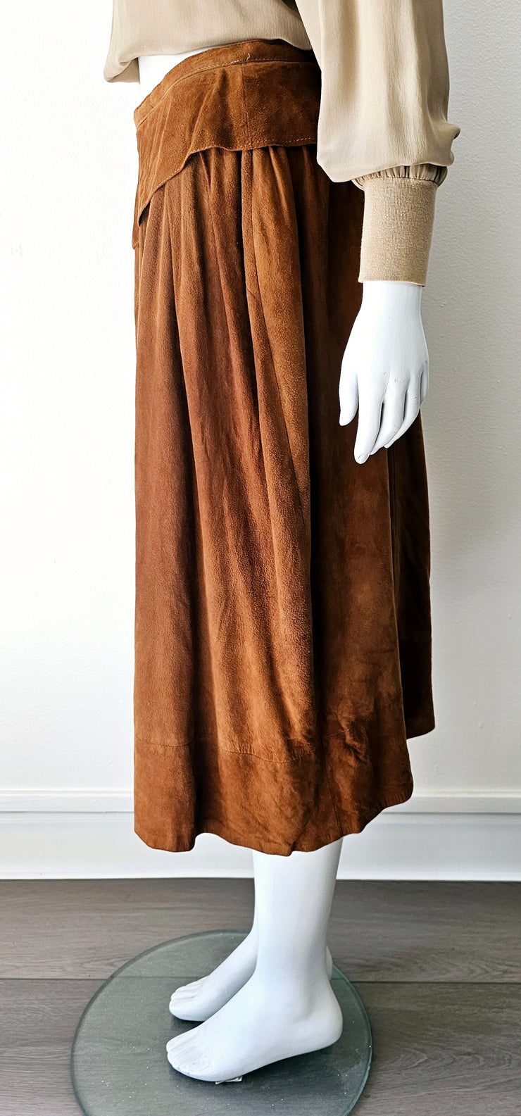 Vintage 80s Cognac Butter Soft Suede Pleat Peplum Skirt