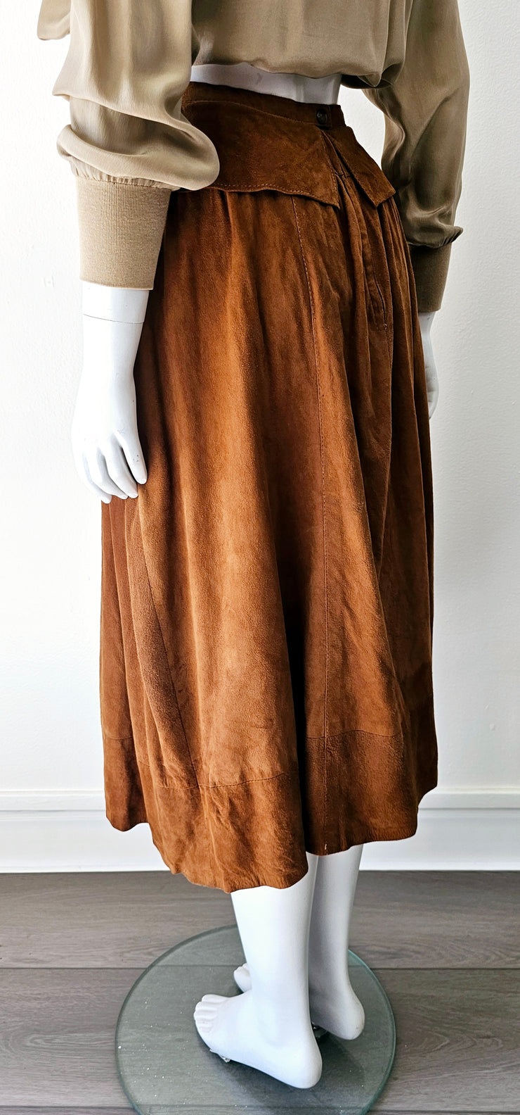 Vintage 80s Cognac Butter Soft Suede Pleat Peplum Skirt