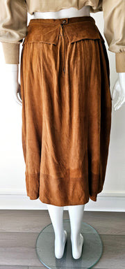 Vintage 80s Cognac Butter Soft Suede Pleat Peplum Skirt