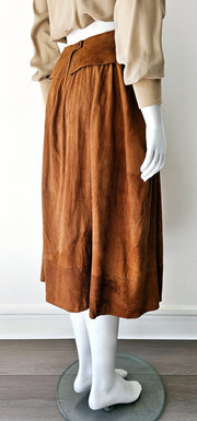 Vintage 80s Cognac Butter Soft Suede Pleat Peplum Skirt