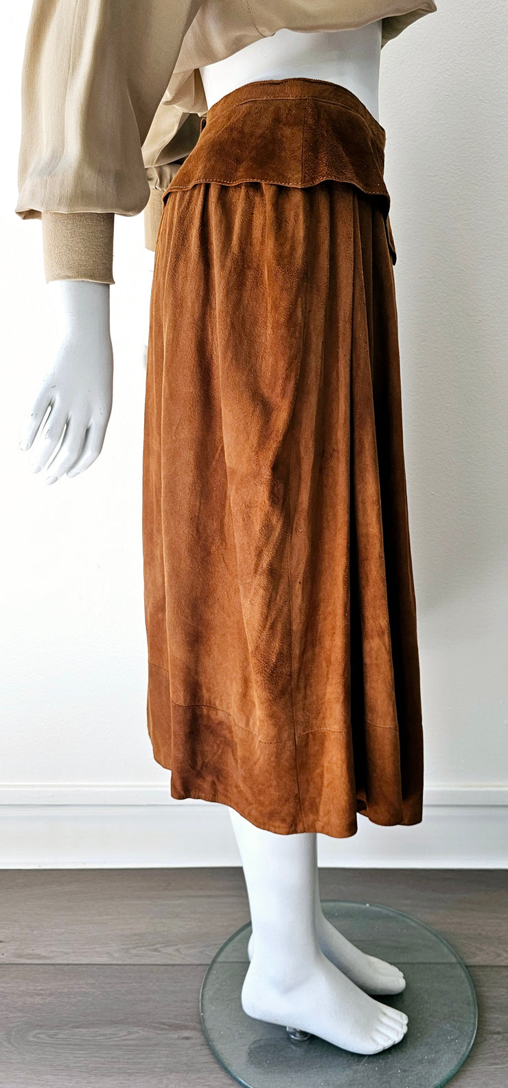 Vintage 80s Cognac Butter Soft Suede Pleat Peplum Skirt