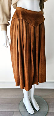 Vintage 80s Cognac Butter Soft Suede Pleat Peplum Skirt