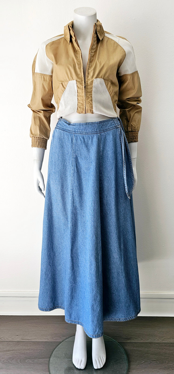 Vintage 80s Denim Faux Wrap Side Tie Midi Slit Skirt