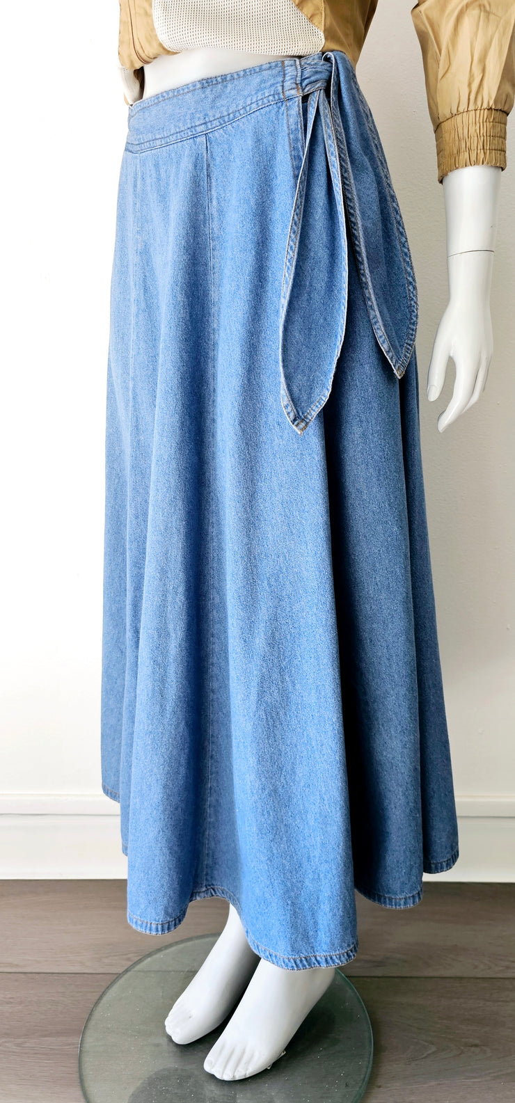 Vintage 80s Denim Faux Wrap Side Tie Midi Slit Skirt